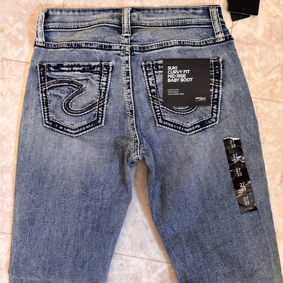 Silver Suki Curvy Mid Rise Baby Boot Thick Stitch Jeans Indigo  Size 27 X 33 - Picture 7 of 15